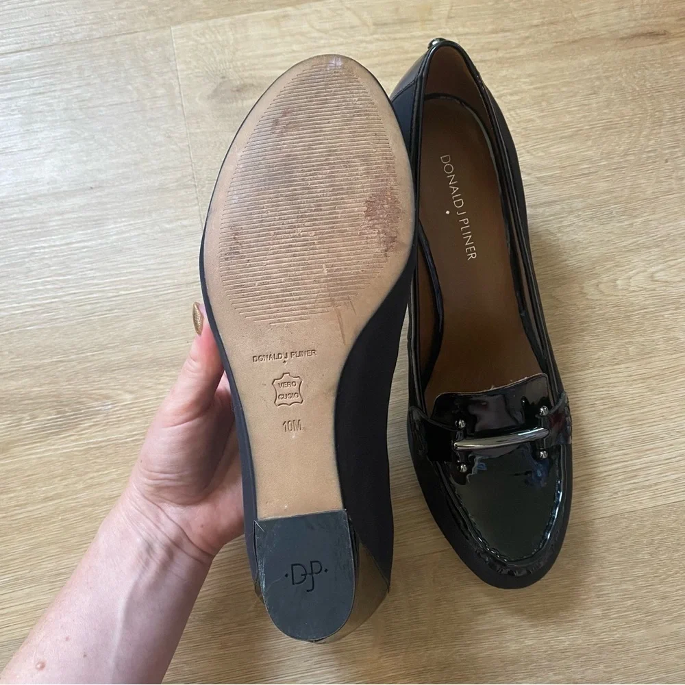 Donald J Pliner Black Patent Leather Slip On Wedge Heel Loafers